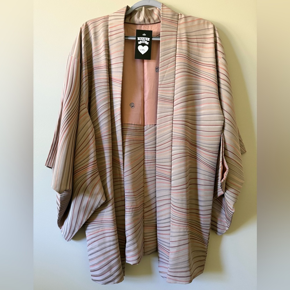 Vintage Striped Kimono with Beige, Pink and lilac Tones